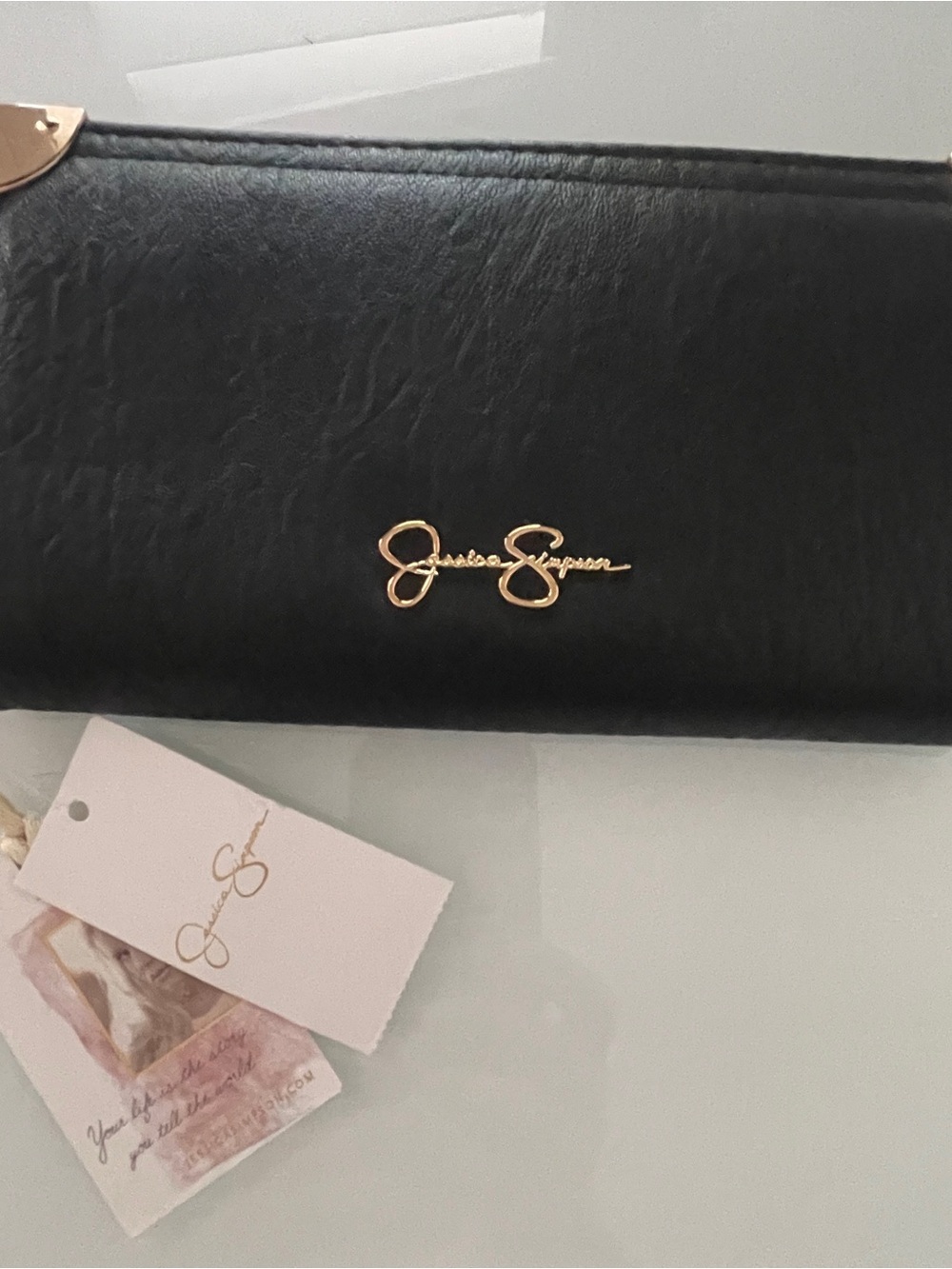 Jessica Simpson Black Wallet with Gold Logo Accent
